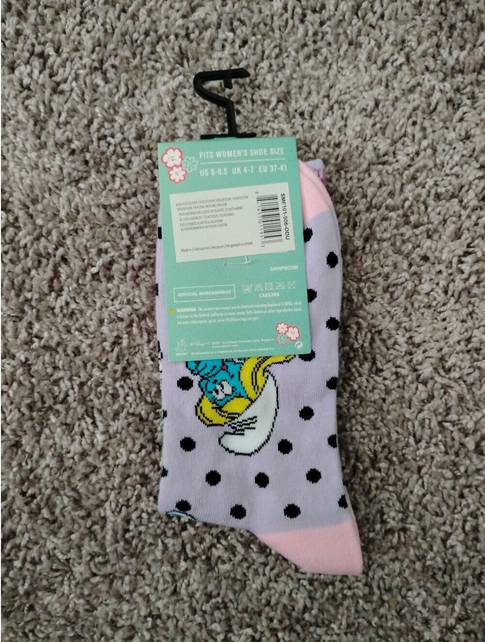 The Smurfs Smurfette Crew Socks Women's One Size Lilac Purple Polka Dot NWT - Picture 2 of 2